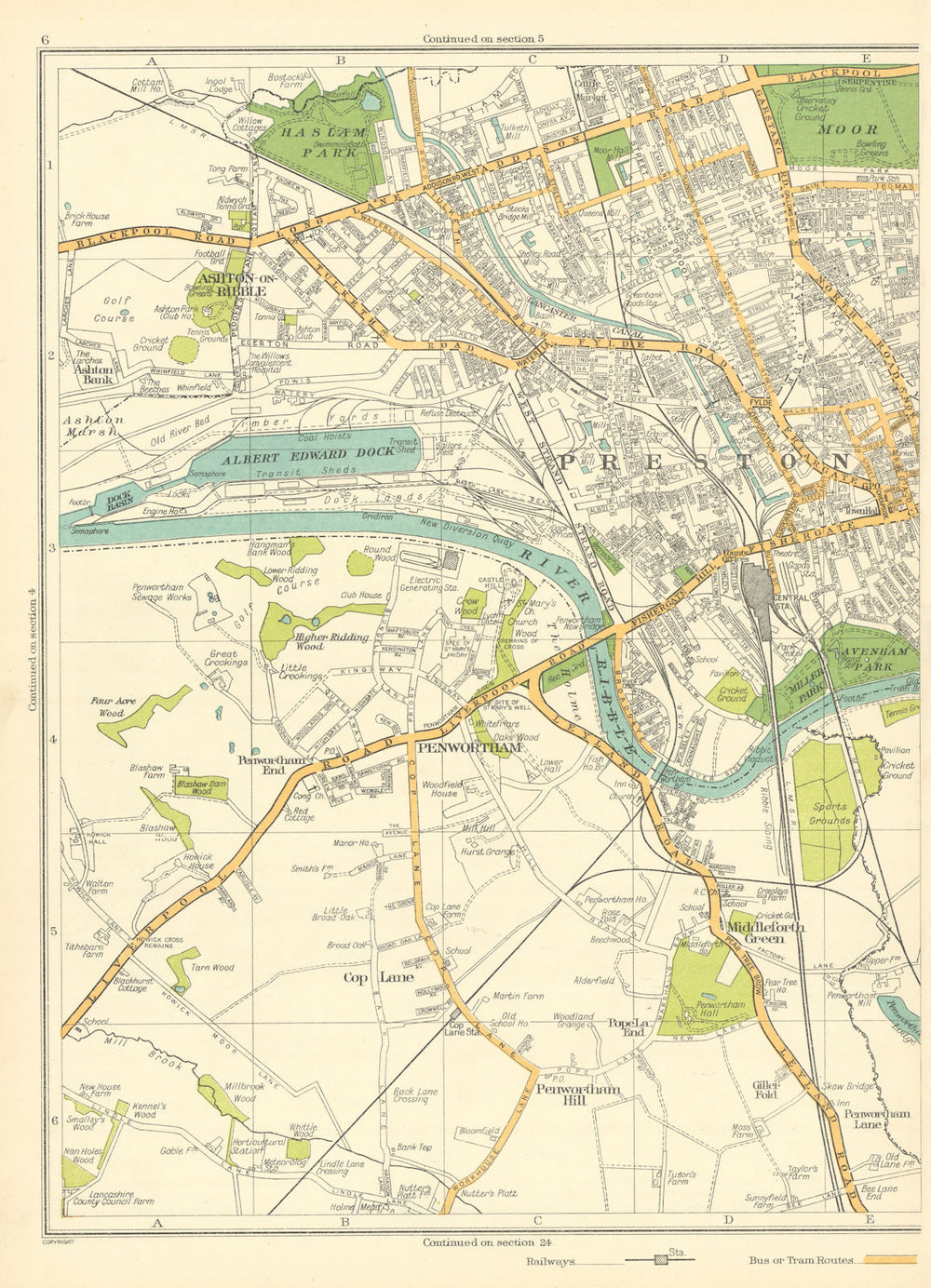 PRESTON Ashton-on-Ribble Penwortham Albert Edward Dock Cop Lane 1935 old map