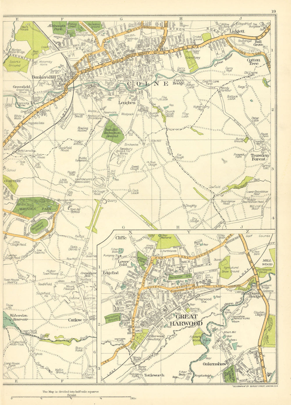 LANCS Colne Bunker's Hill Great Harwood Catlow Lenches Trawden Forest 1935 map
