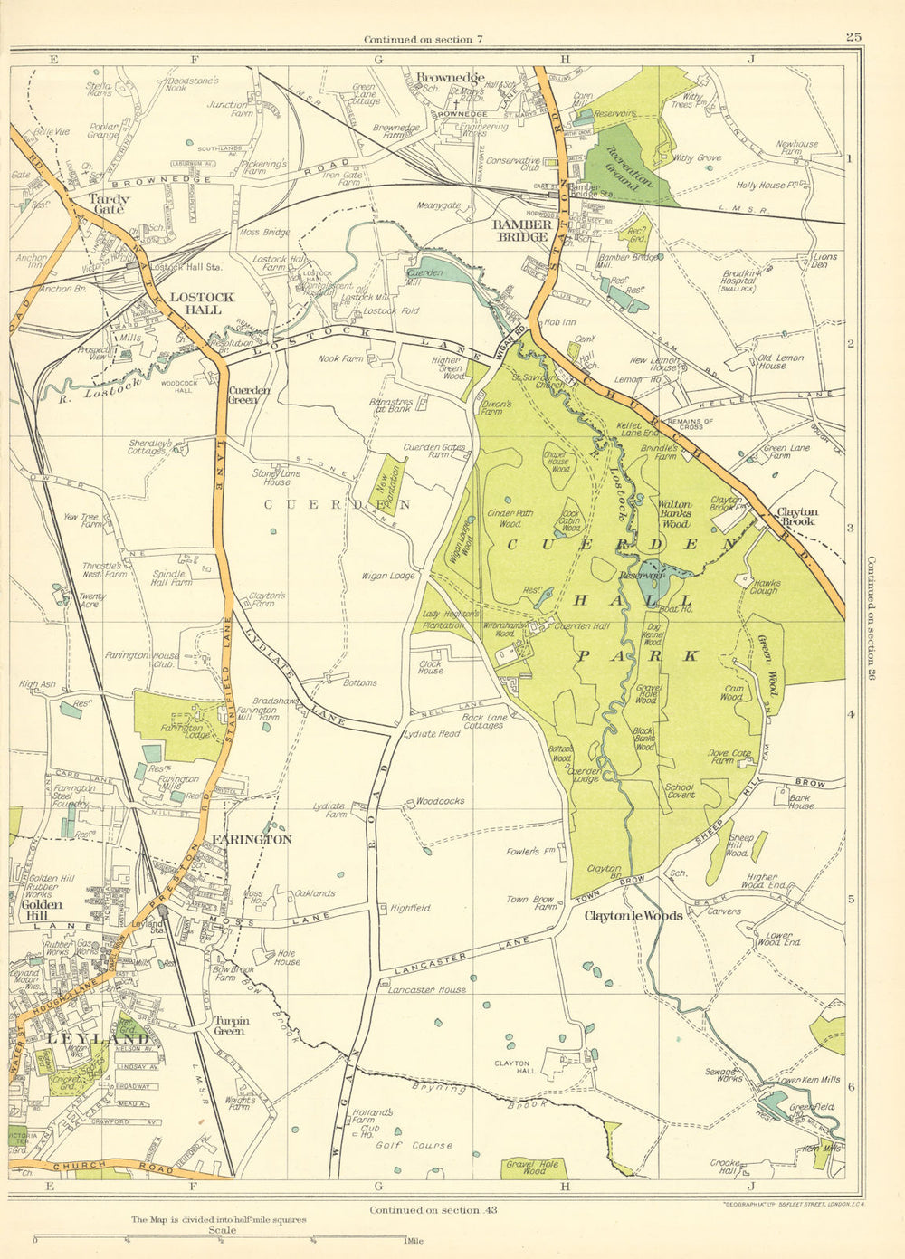 LANCASHIRE Tardy Gate Lostock Hall Bamber Bridge Farington Leyland 1935 map