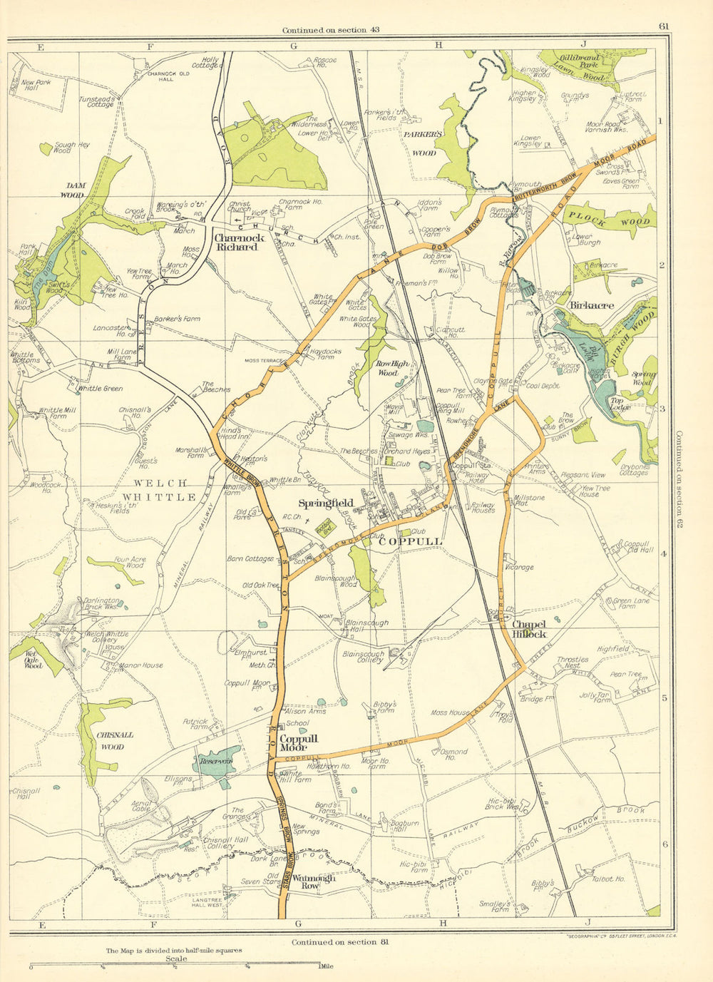 LANCASHIRE Welch Whittle Coppull Moor Chapel hill Charnock Richard 1935 map
