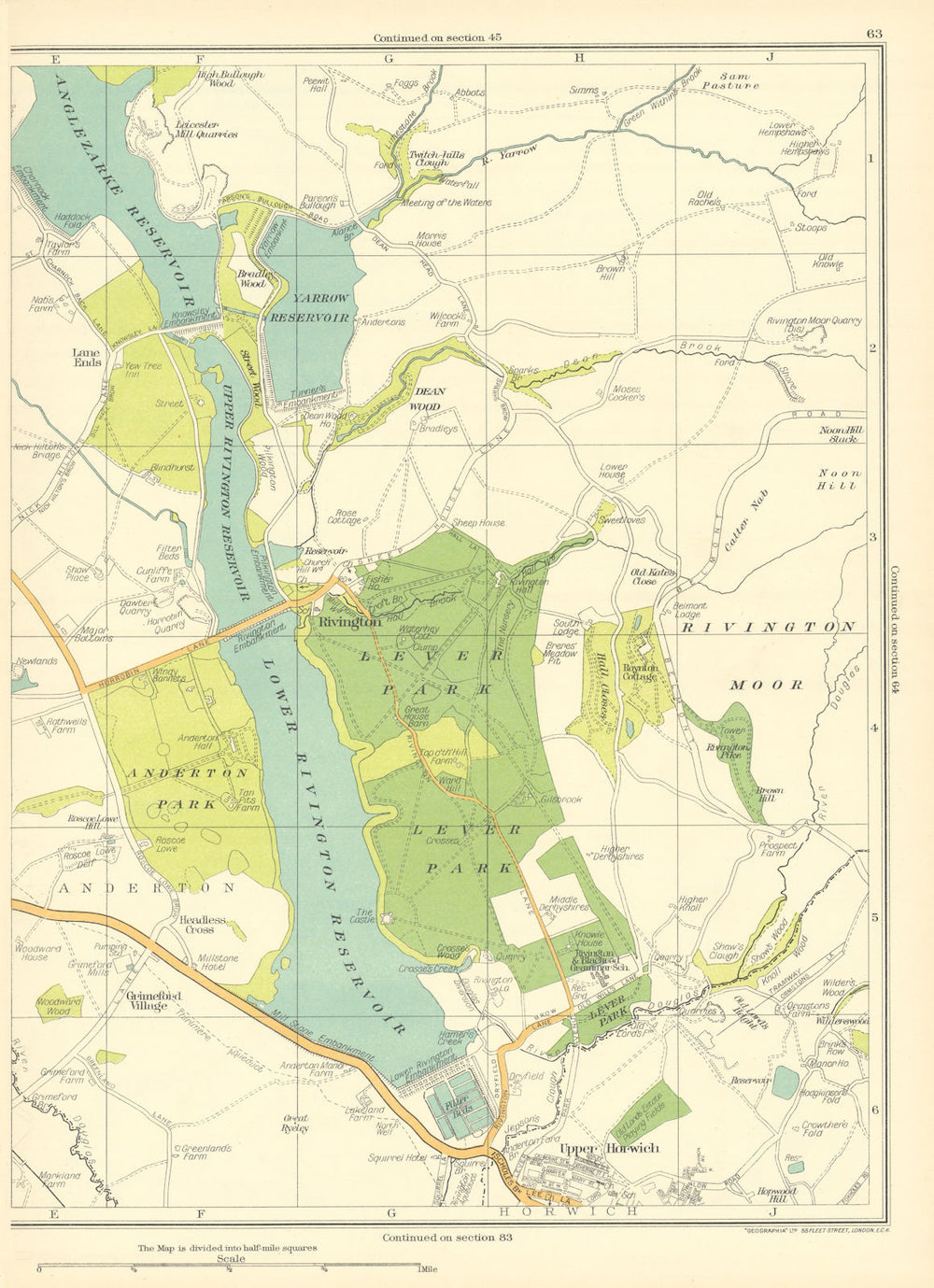 LANCASHIRE Upper Horwich Rivington Lever park Anderton Reservoir 1935 old map