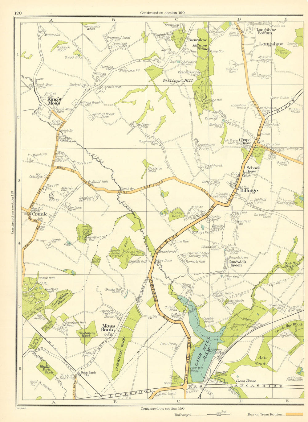 LANCASHIRE Moss Bank Billinge Chadwick Green Crank Longshaw King's Moss 1935 map