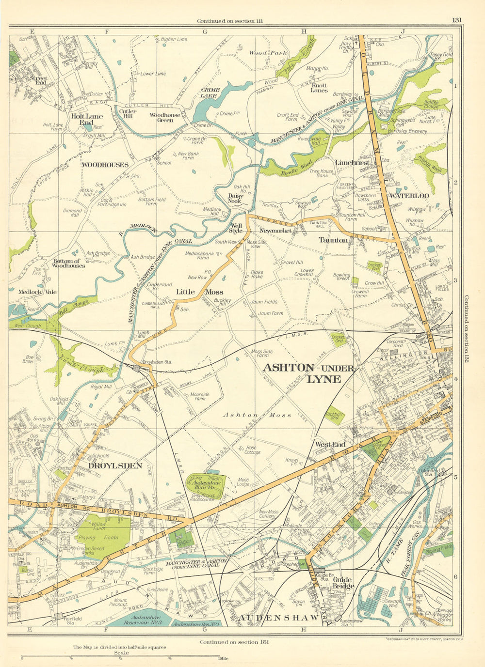 LANCASHIRE Ashton-under-Lyne Droylsden Audenshaw Taunton Waterloo 1935 old map