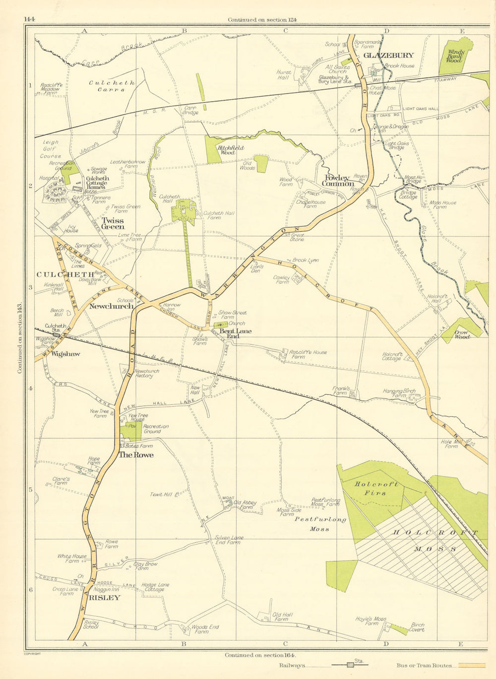 LANCS Twiss Green Culcheth Newchurch Rowe Risley Fowley Cm Glazebury 1935 map