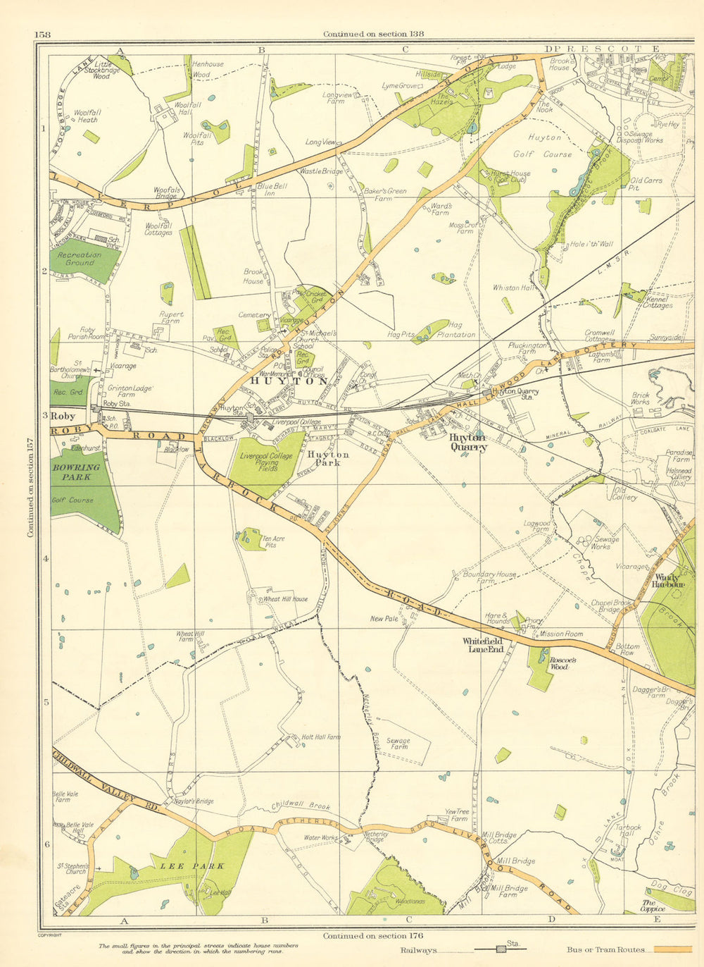 LANCASHIRE Huyton Quarry Roby Roscoe's Wood Old Colliery Prescot 1935 map