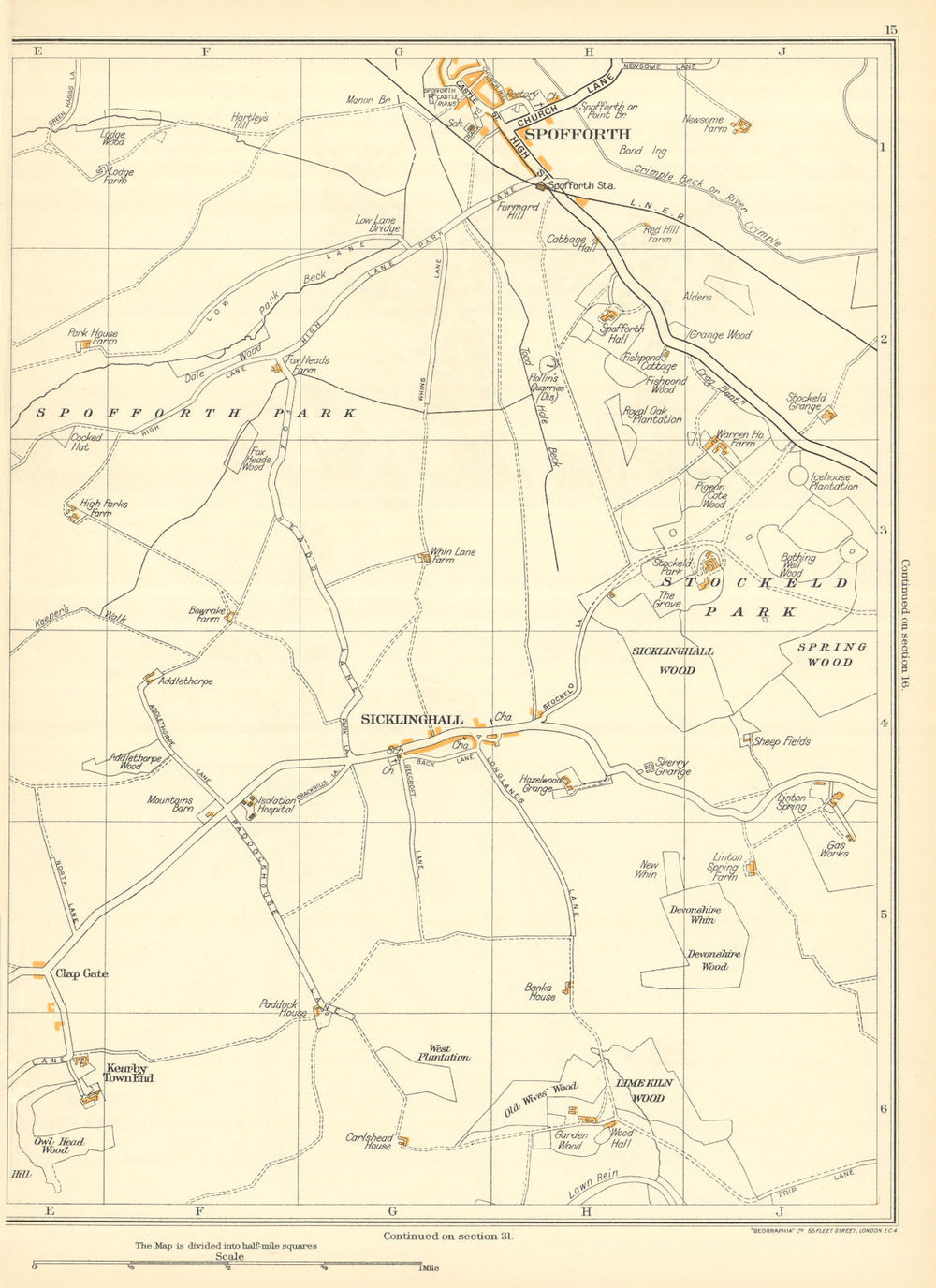 YORKSHIRE Spofforth Spring Wood Sicklinghall Limekiln Stockeld Park 1935 map