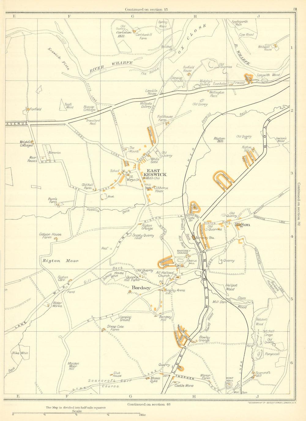 YORKSHIRE East Keswick Bardsey Rigton Carlston Hill Scarcroft 1935 old map