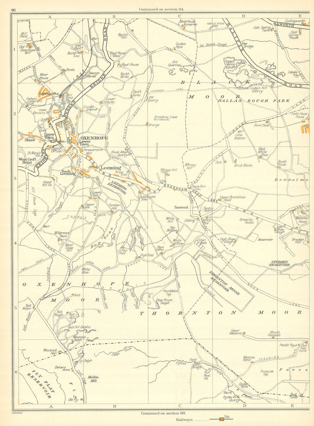 YORKSHIRE Thornton Moor Oxenhope Black Moor Sawood Stubden Leeming 1935 map