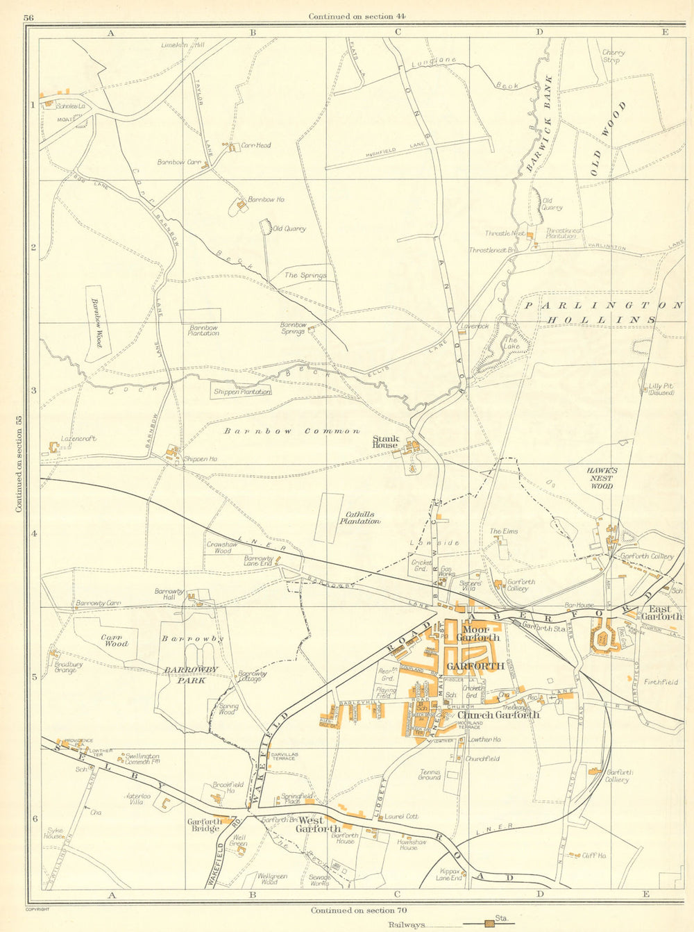 YORKSHIRE West Church East Moor Garforth Barrowby Parlington Hollins 1935 map