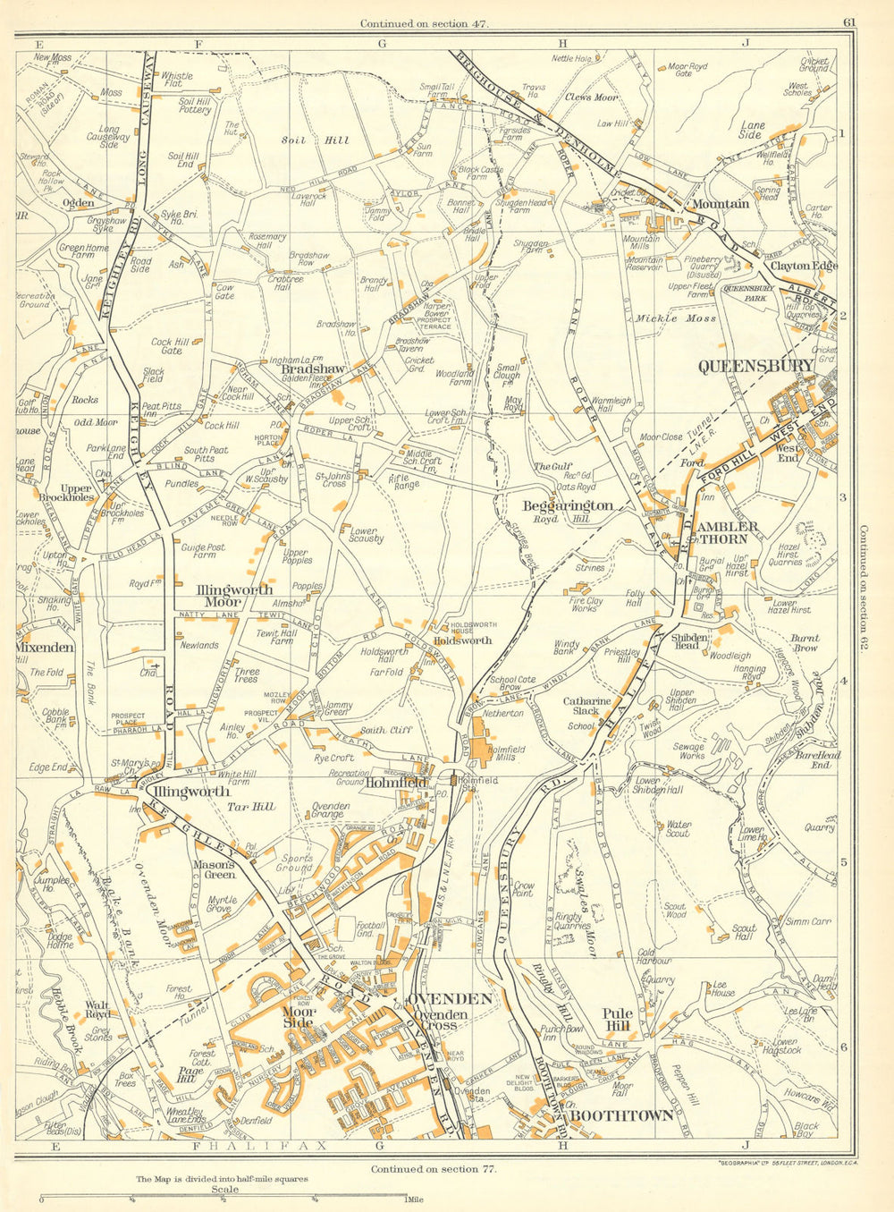 YORKSHIRE Ovenden Boothtown Illingworth Queensbury Ambler Thorn 1935 old map