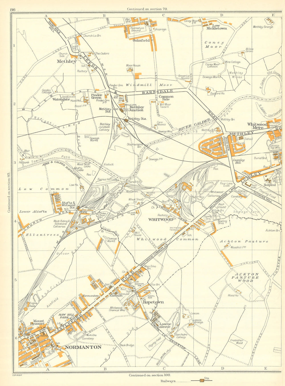 CASTLEFORD Normanton Whitwood Hopetown Coney Moor Mere Methley 1935 old map