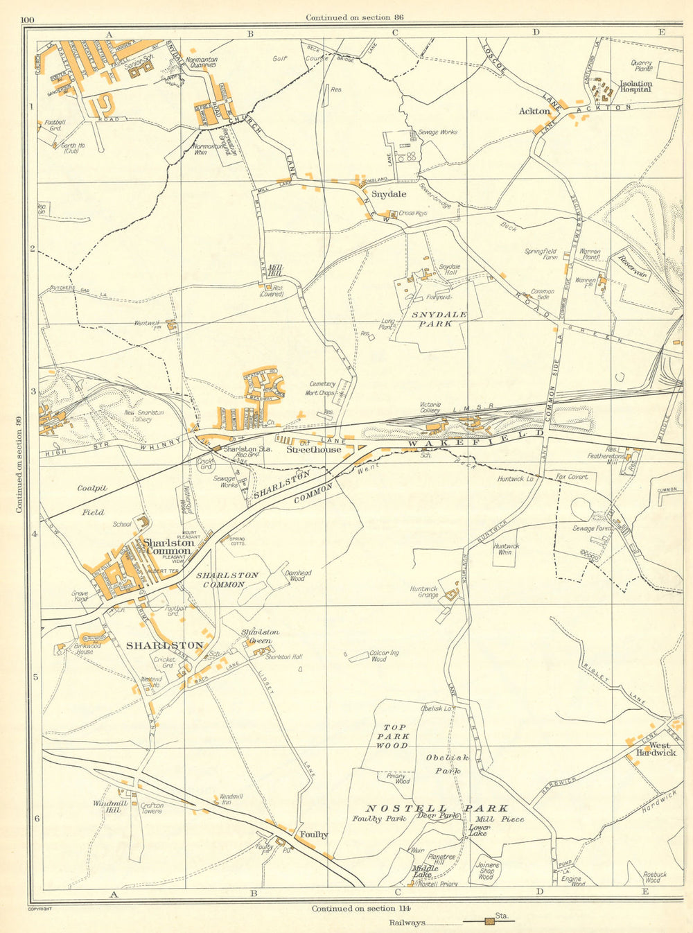 YORKSHIRE Sharlston Nostell Park Ackton Foulby Streethouse Woodhouse 1935 map