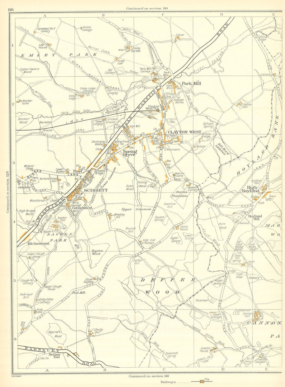 CLAYTON WEST Deffer Wood Clayton West Park Mill Scissett High Hoyland 1935 map