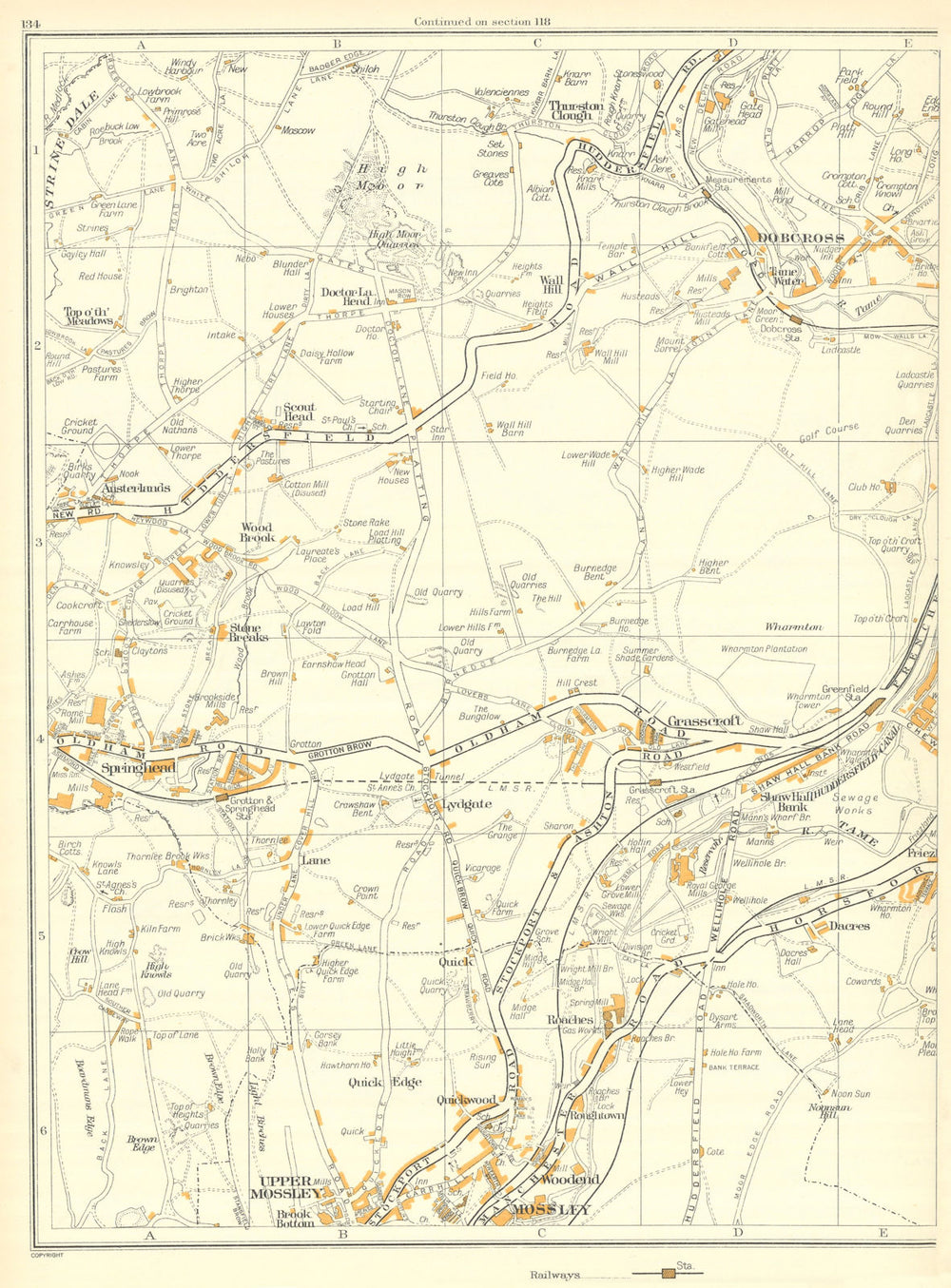 OLDHAM Uppermill Greenfield Grasscroft Springhead Mossley Saddleworth 1935 map