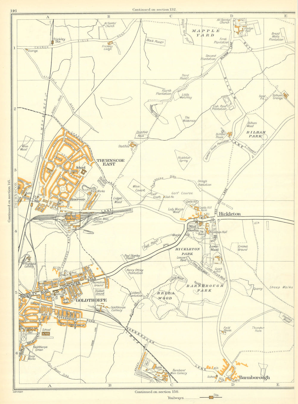 YORKSHIRE Barnburgh Goldthorpe Hickleton Thurscoe Hooton Pagnell 1935 map