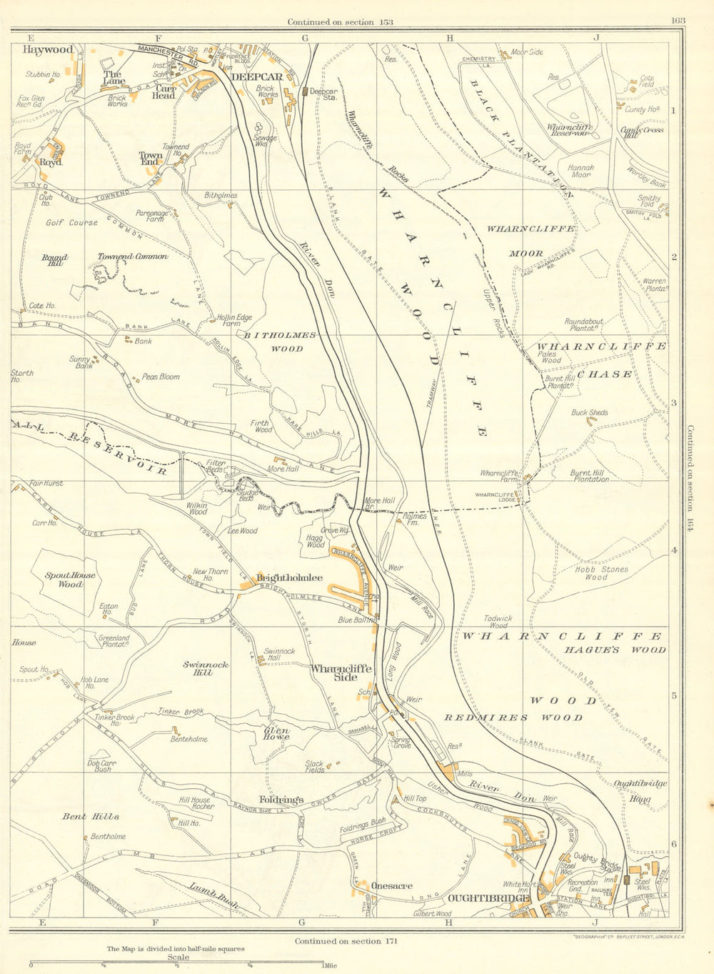 YORKSHIRE Deepcar Wharncliffe Side Brightholmlee Onesacre Oughtibridge 1935 map