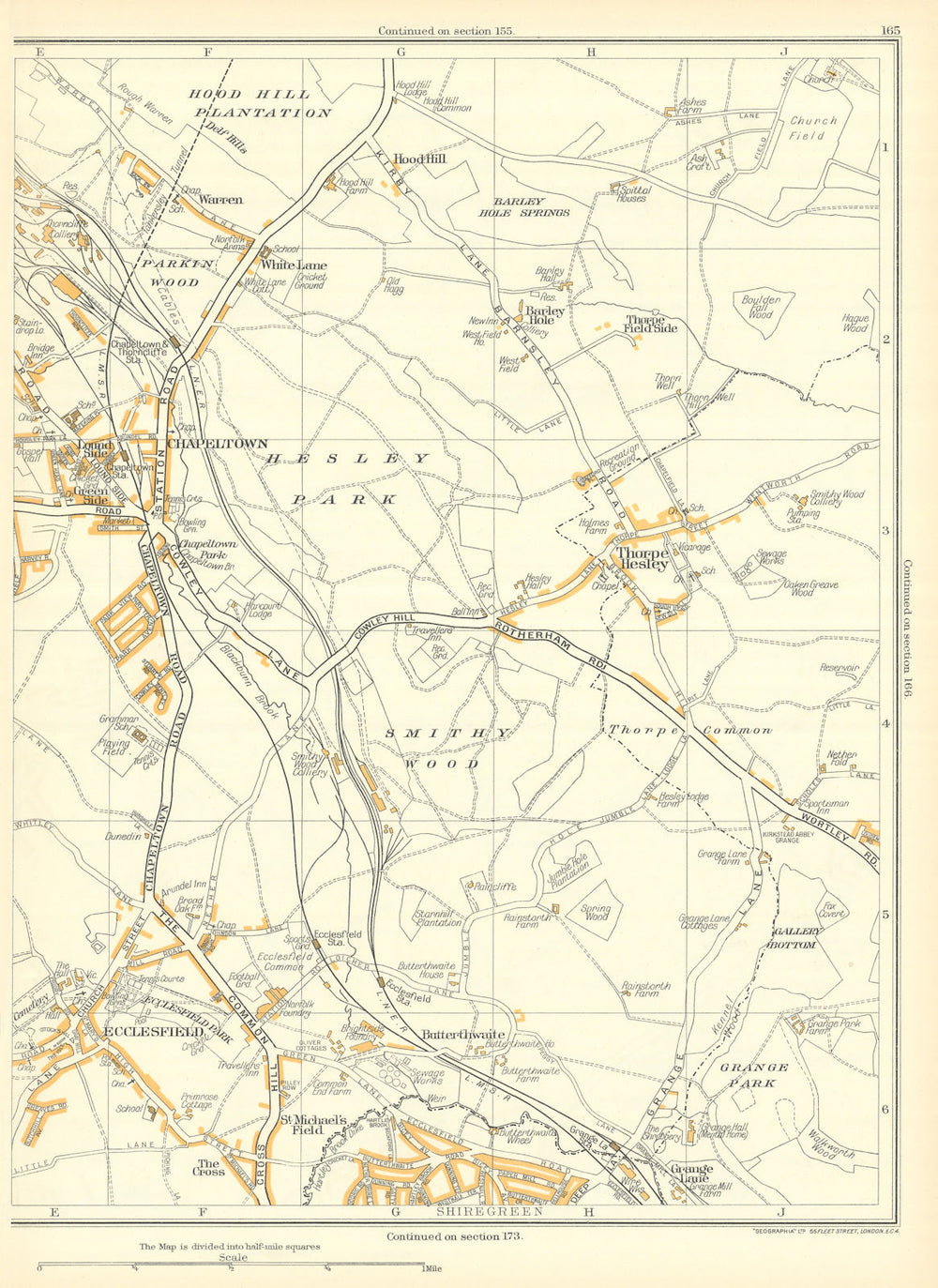 CHAPELTOWN Shiregreen Ecclesfield Thorpe Hesley Grange Park Hood Hill 1935 map