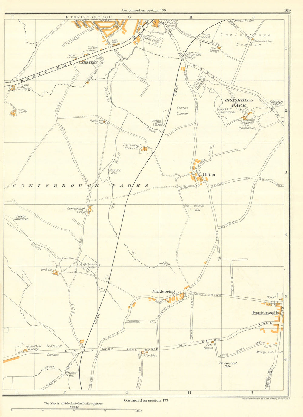 YORKSHIRE Conisbrough Parks Crookhill Micklebring Braithwell Clifton 1935 map
