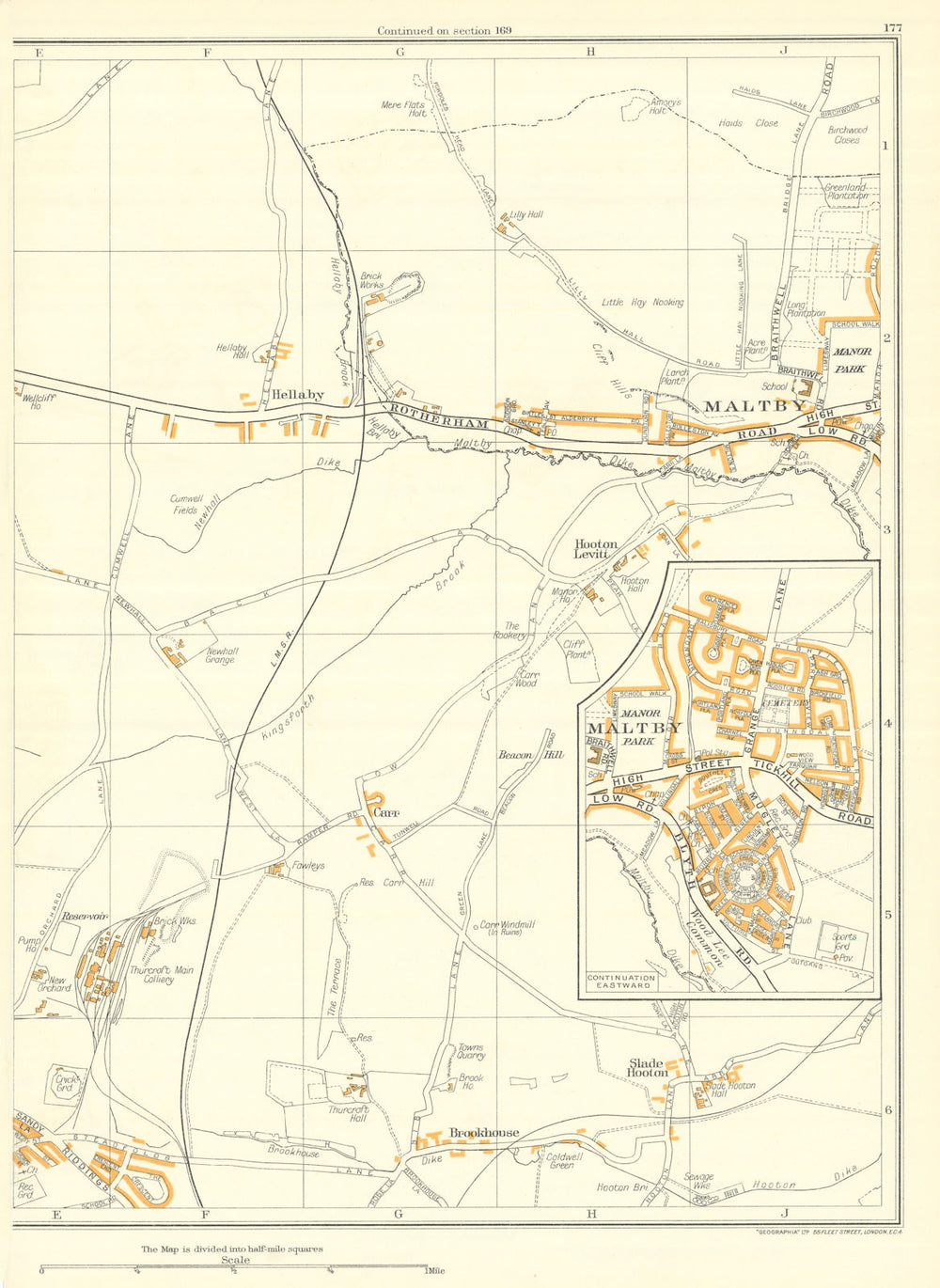 MALTBY Brookhouse Hellaby Carr Hooton Levitt Thurcroft Bramley 1935 old map