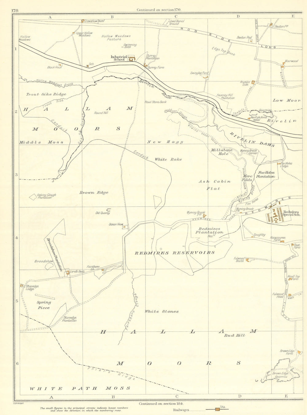 YORKSHIRE Hallam Moors Redmires reservoir Swinglee Ford Hollow Meadows 1935 map