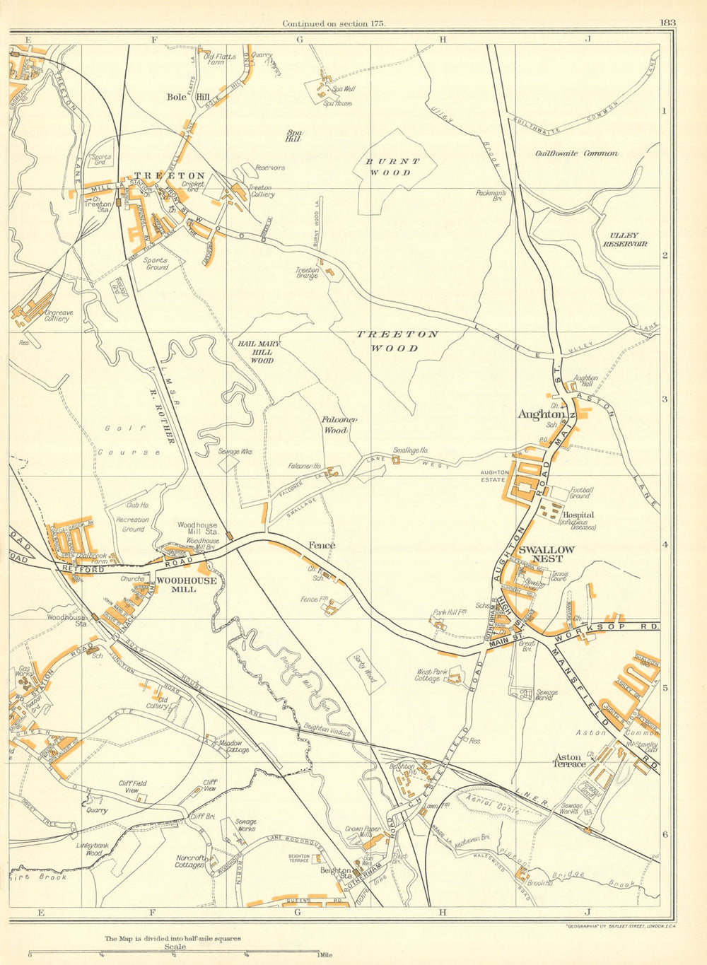 YORKSHIRE Catcliffe Treeton Orgreave Aughton Swallownest Woodhouse Mill 1935 map