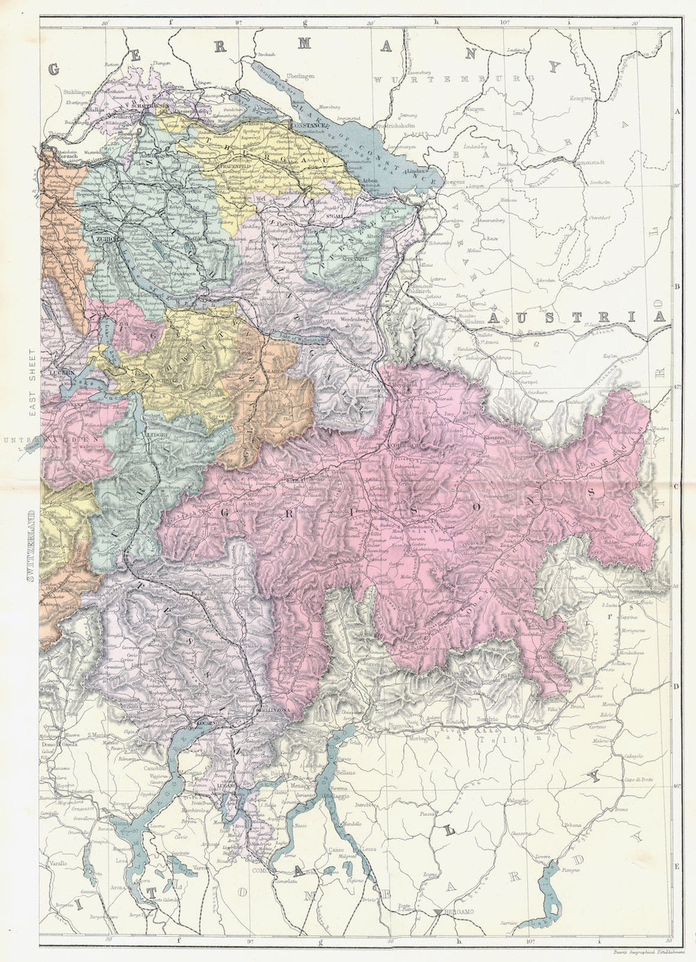 SWITZERLAND. East sheet. Bacon 1895 old antique vintage map plan chart
