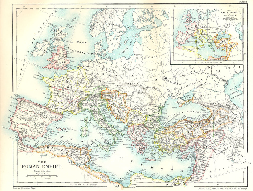 EUROPE. Roman Empire Circa 350 AD; Inset map in 379 & 395 1903 old antique