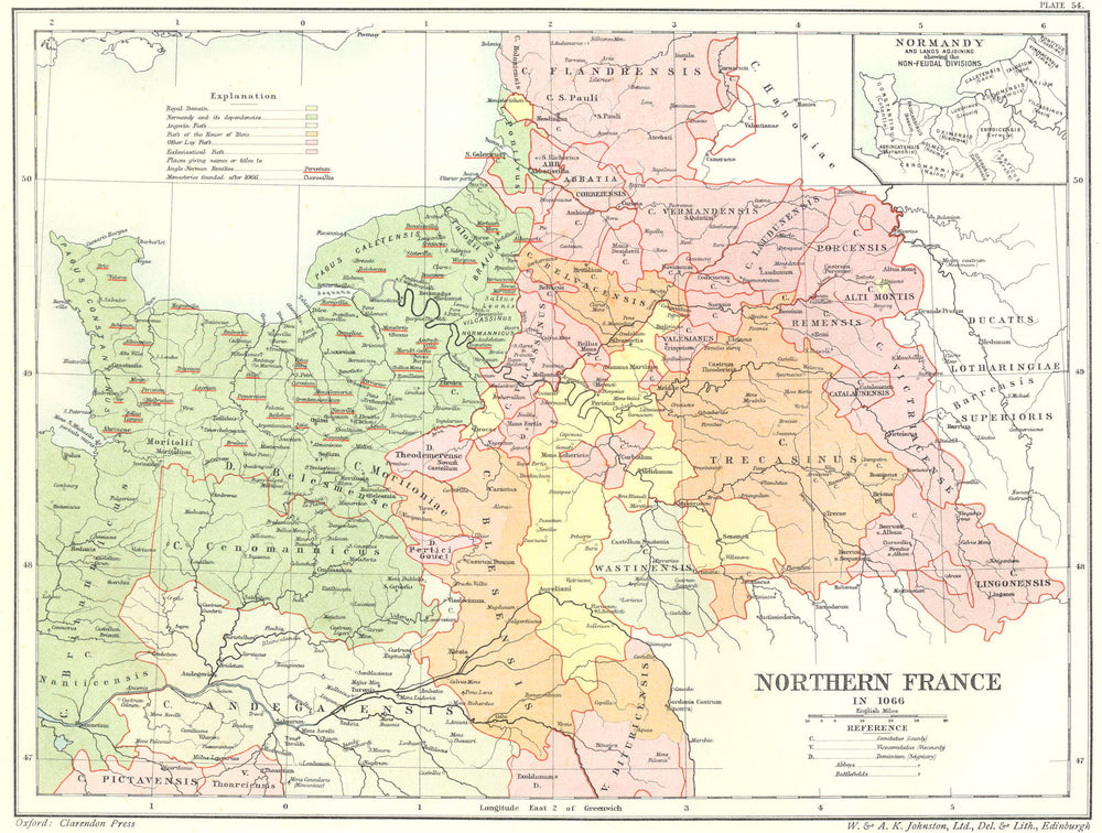 FRANCE. Northern 1066; map Normandy lands Non- Feudal divisions 1903 old