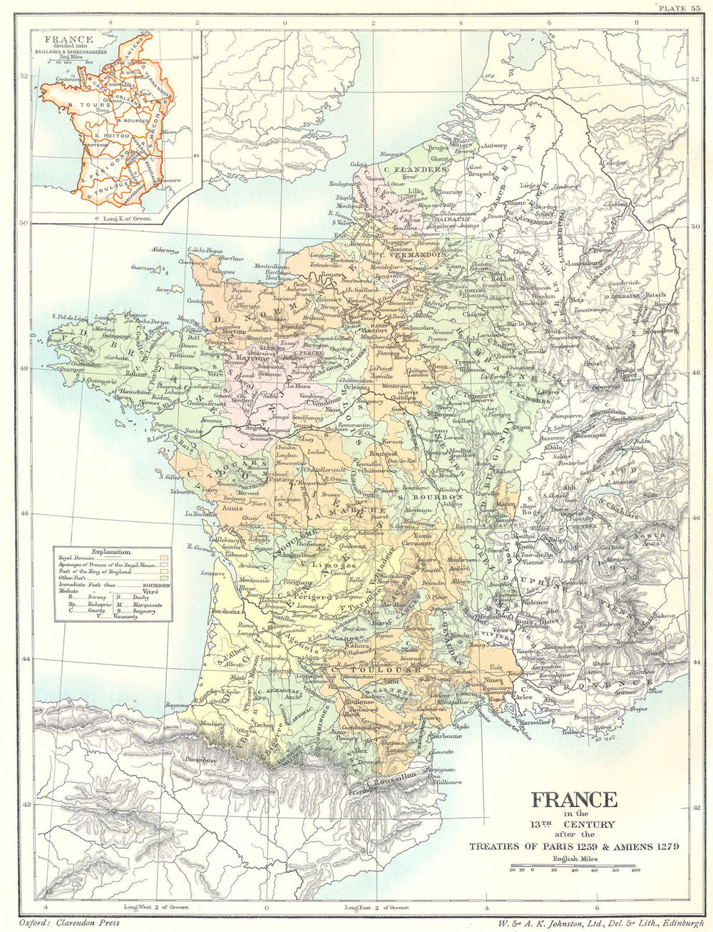 FRANCE. 13th C post Paris 1259 Amiens 1279; map Baillages Senechaussées 1903