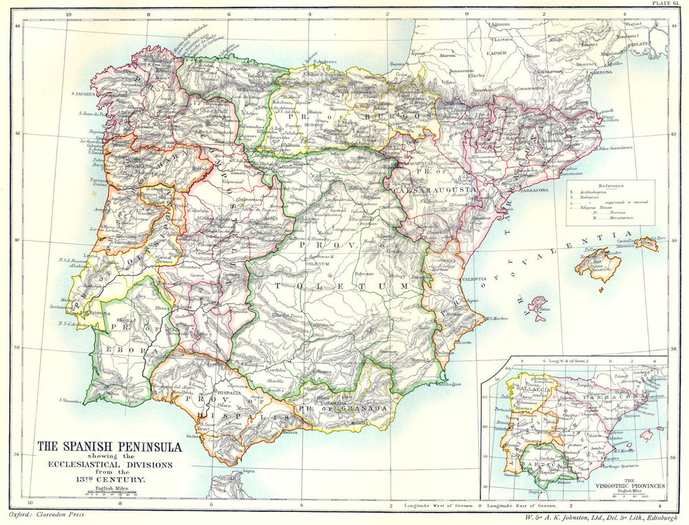 IBERIA. Ecclesiastical divisions 13th century; Visigothic Provinces 1903 map