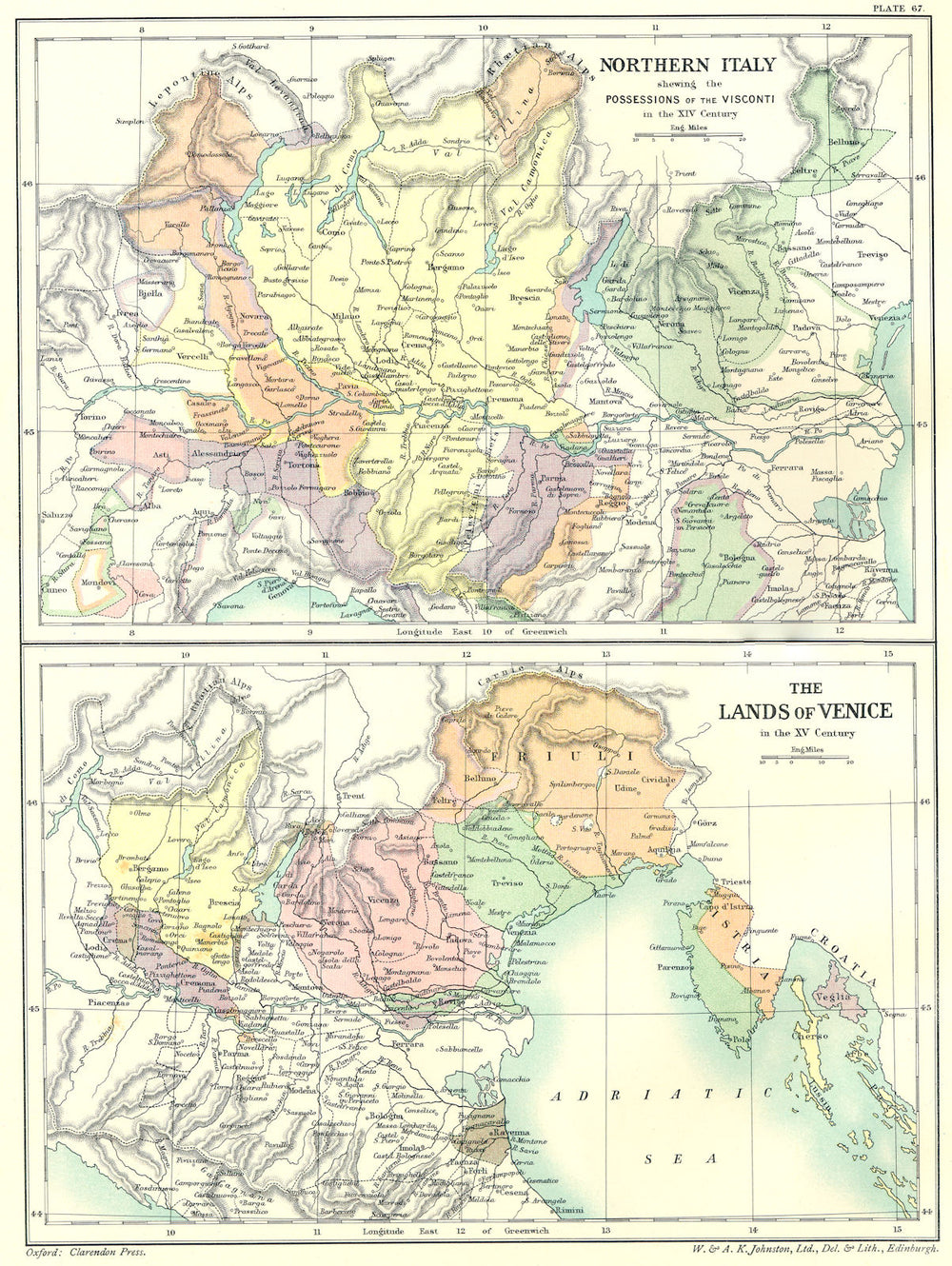 ITALY. Northern Possessions of Visconti XIV century; Lands Venice 15C 1903 map