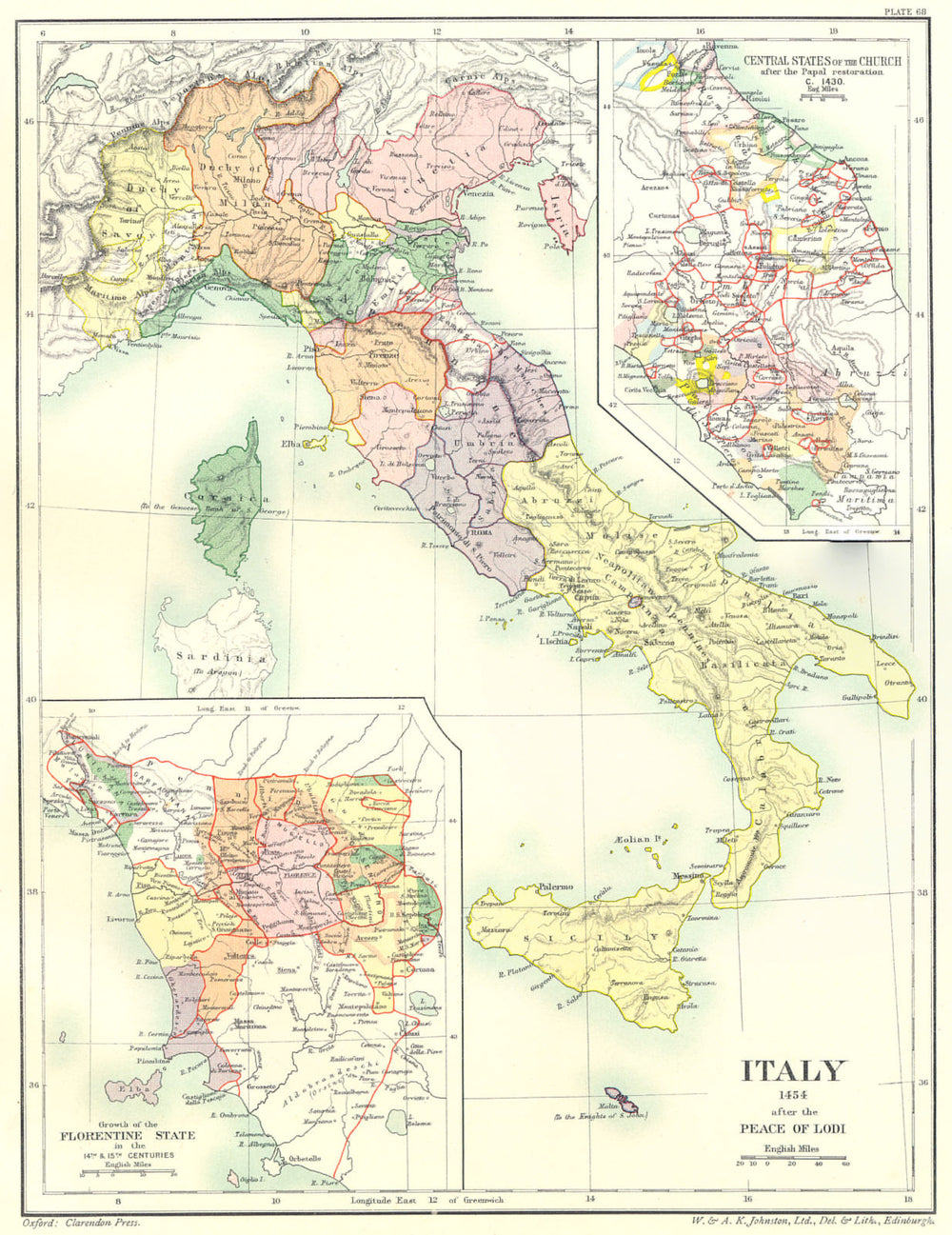 ITALY.1454 Peace Lodi;Church States Papal restoration1430;Florence15C 1903 map