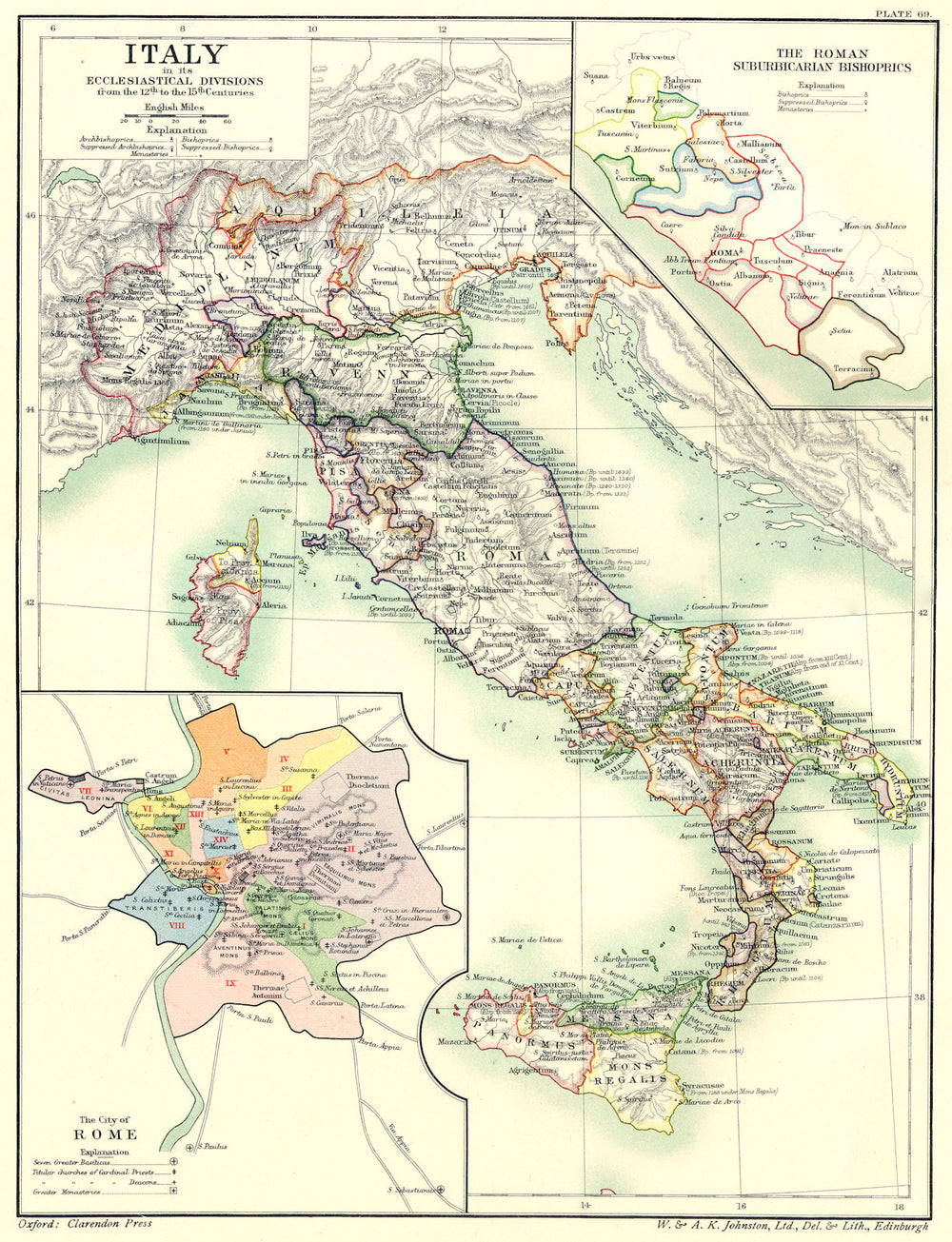 ITALY.Ecclesiastical divisions 12-15C; Roman Suburbicarian Bishoprics 1903 map