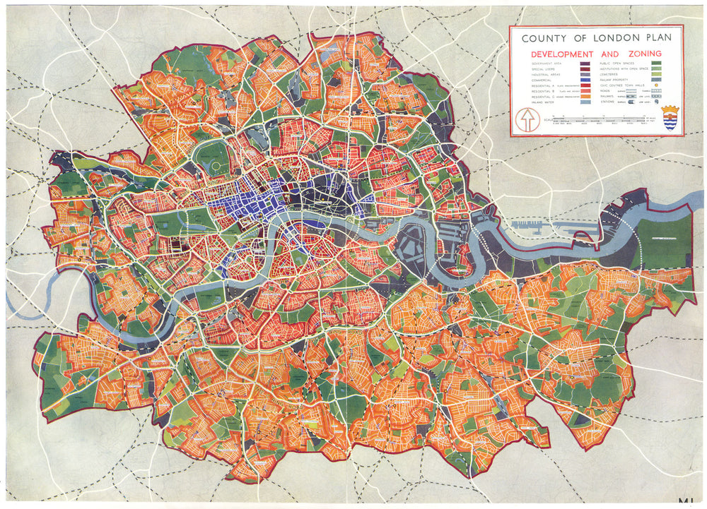 LONDON. County of London plan development and Zoning 1943 old vintage map