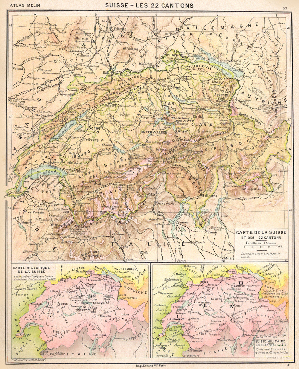 SWITZERLAND. Suisse- 22 Cantons; Historique Militaire 1900 old antique map