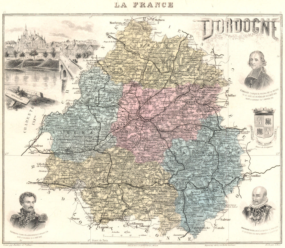 DORDOGNE. Dordogne département.  Périgueux vignette. Vuillemin 1903 old map