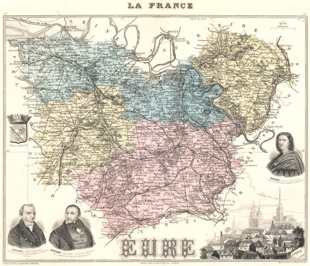 EURE. Eure département.  Évreux vignette. Vuillemin 1903 old antique map chart