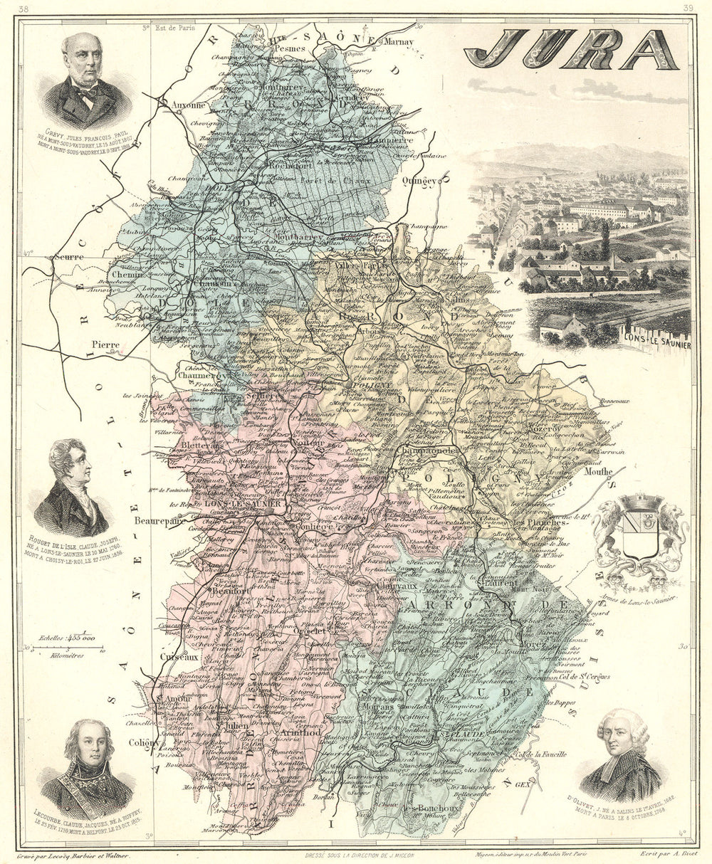 JURA. Jura département.  Lons-le-Saunier vignette. Vuillemin 1903 old map