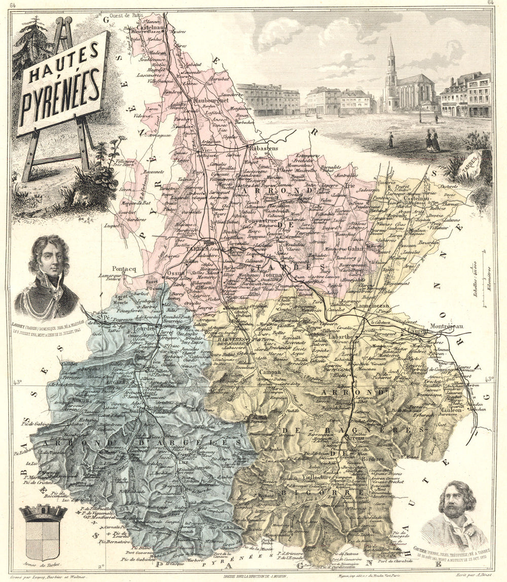 HAUTES-PYRÉNÉES.Hautes-Pyrénées département.Tarbes vignette.Vuillemin 1903 map