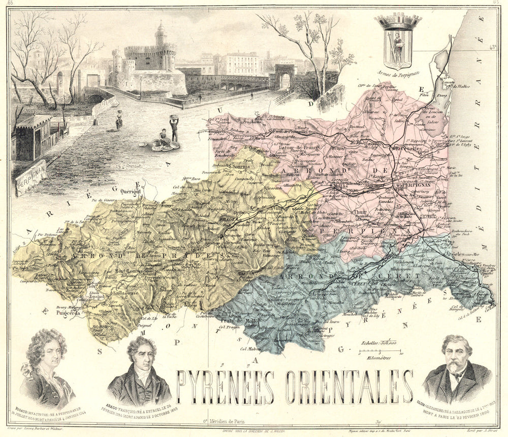 PYRÉNÉES-ORIENTALES. département. Perpignan. Vuillemin 1903 old antique map