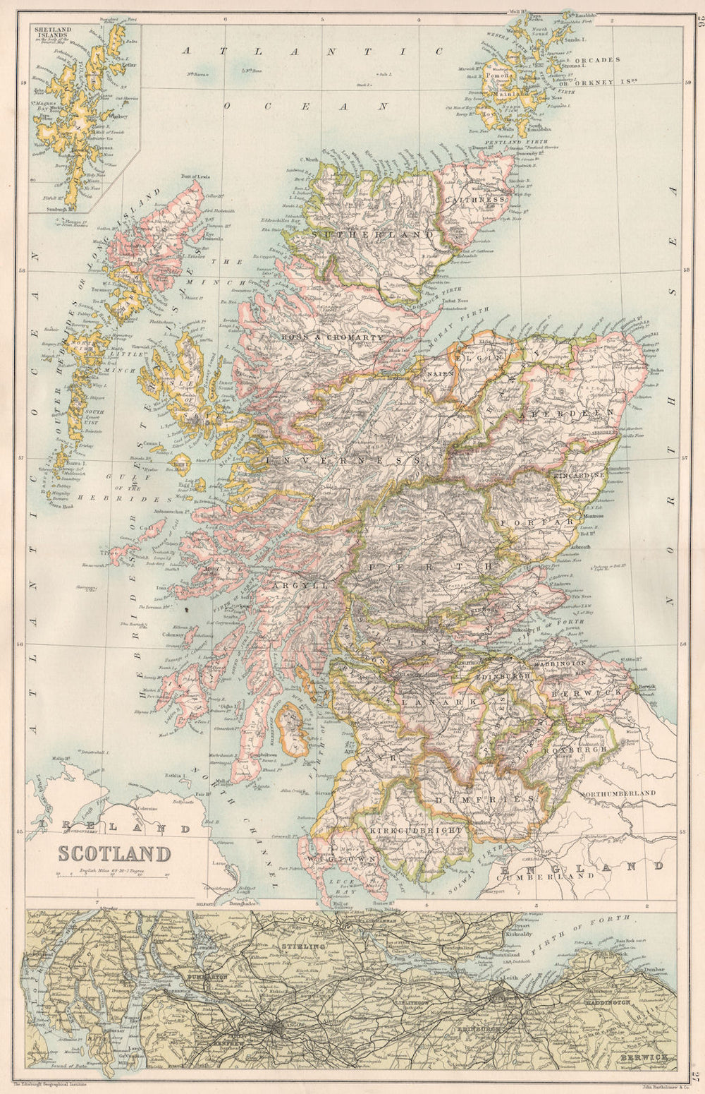 SCOTLAND.with counties.Inset central belt Glasgow Edinburgh.BARTHOLOMEW 1891 map