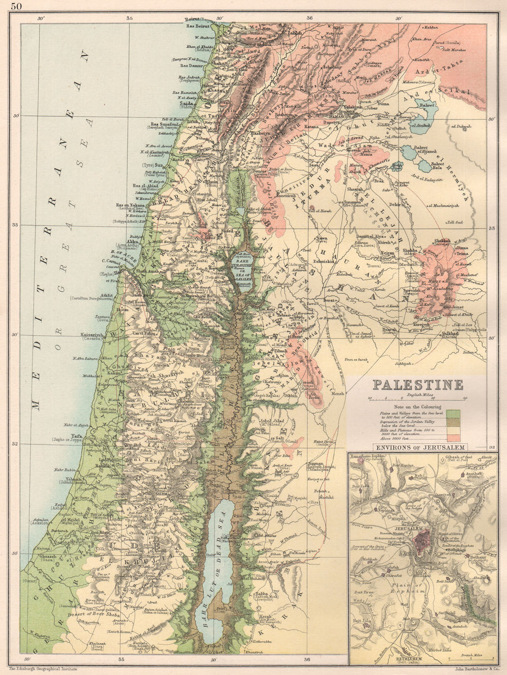PALESTINE PHYSICAL. Relief. Inset Jerusalem environs. BARTHOLOMEW 1891 old map