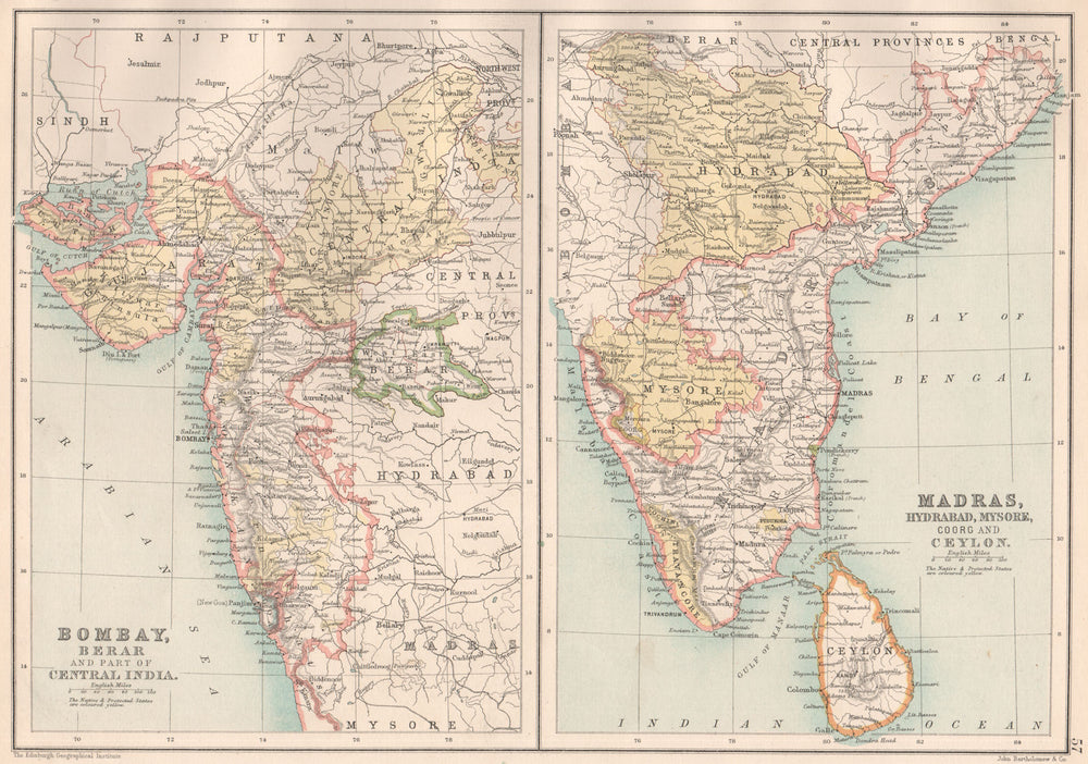 INDIA W S.Bombay(Mumbai)Gujarat Madras(Chennai)Mysore Ceylon(Sri Lanka) 1891 map