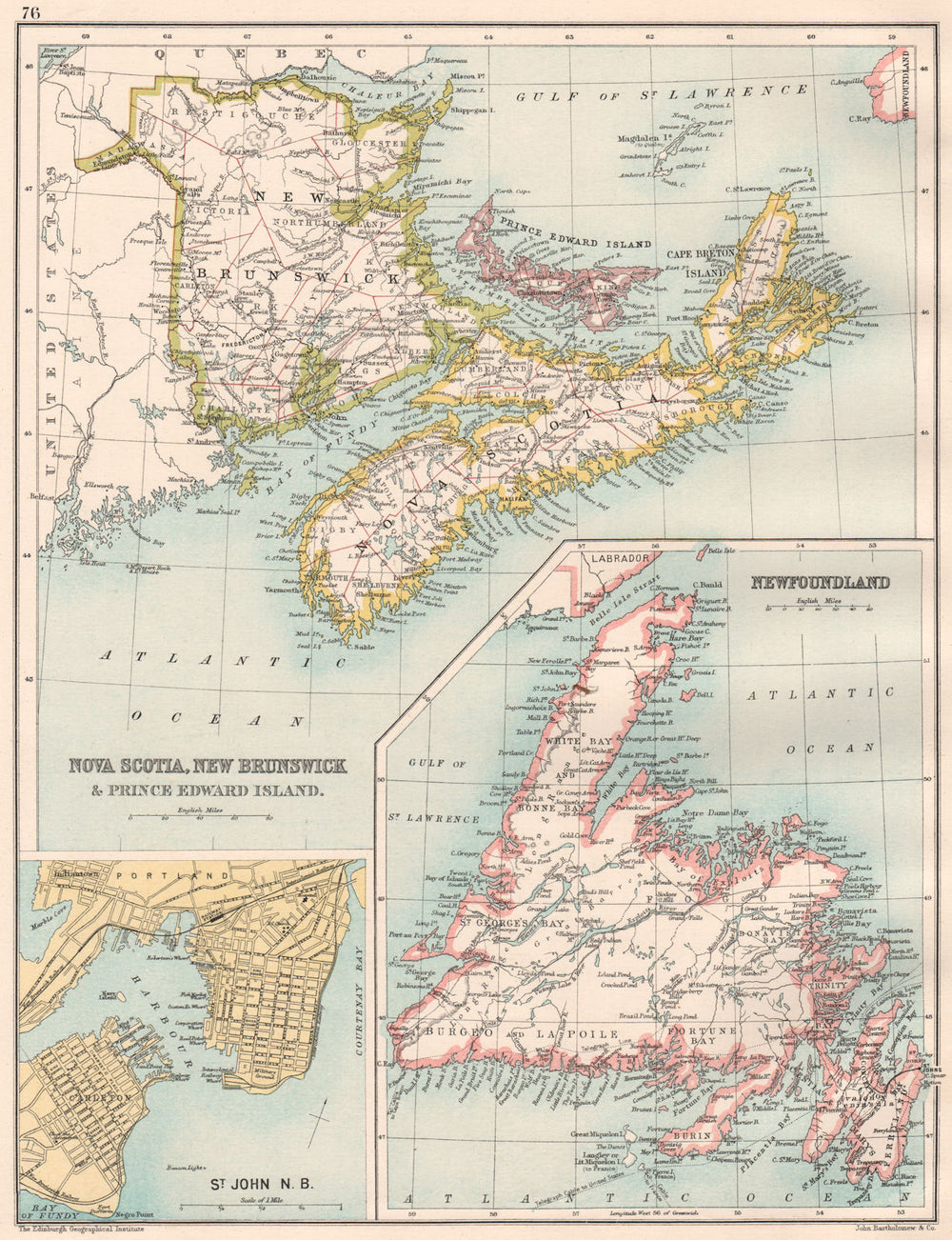ATLANTIC CANADA. Nova Scotia New Brunswick PE Newfoundland; St. John 1891 map