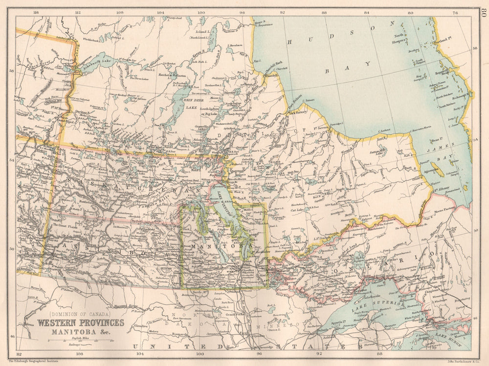 CENTRAL CANADA. Manitoba Saskatchewan Keewatin Ontario. BARTHOLOMEW 1891 map