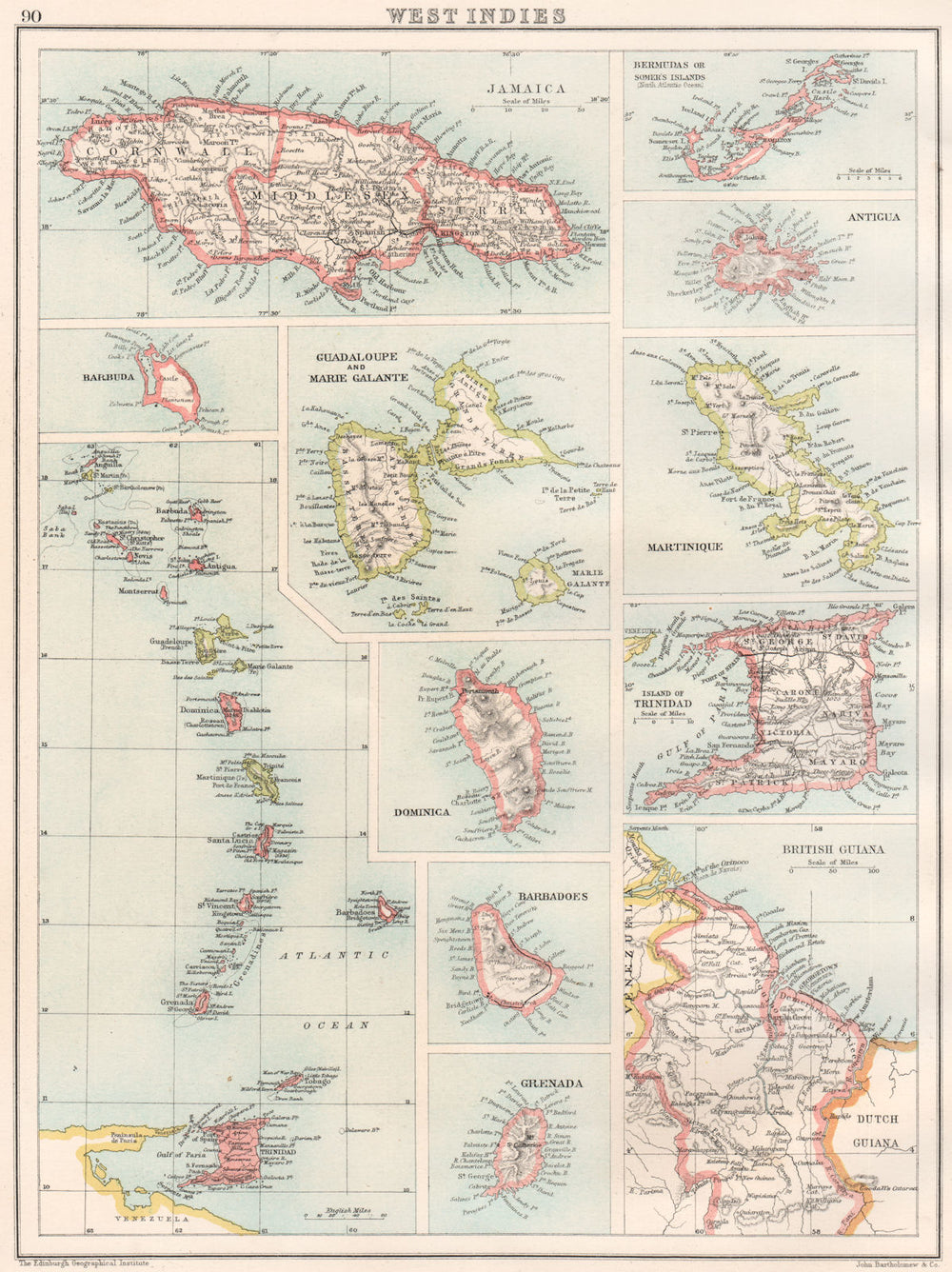 WEST INDIES. Jamaica Guadeloupe Barbados Bermuda Antigua Martinique &c 1891 map