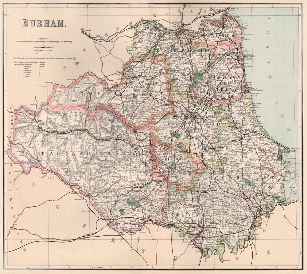 DURHAM. County map showing divisions & parliamentary boroughs. PHILIP 1902