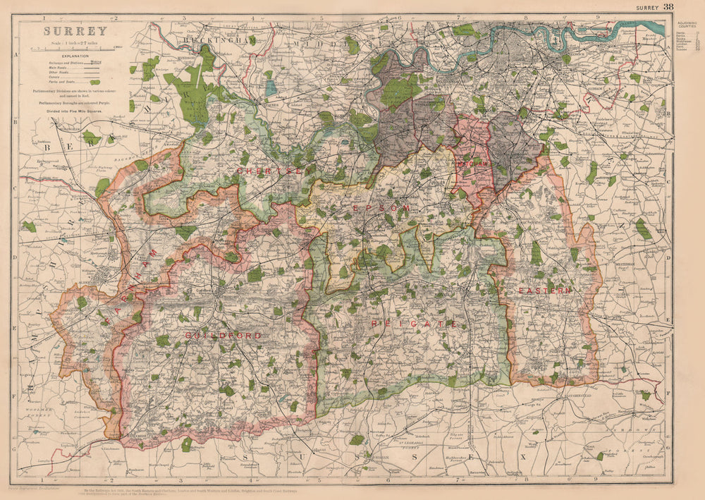 SURREY. Showing Parliamentary divisions, boroughs & parks. BACON 1936 old map