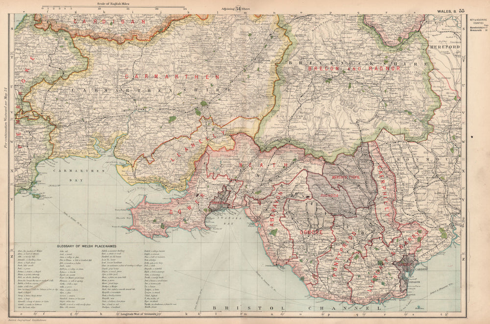 SOUTH WALES. Parliamentary divisions. Welsh place name Glossary. BACON 1936 map