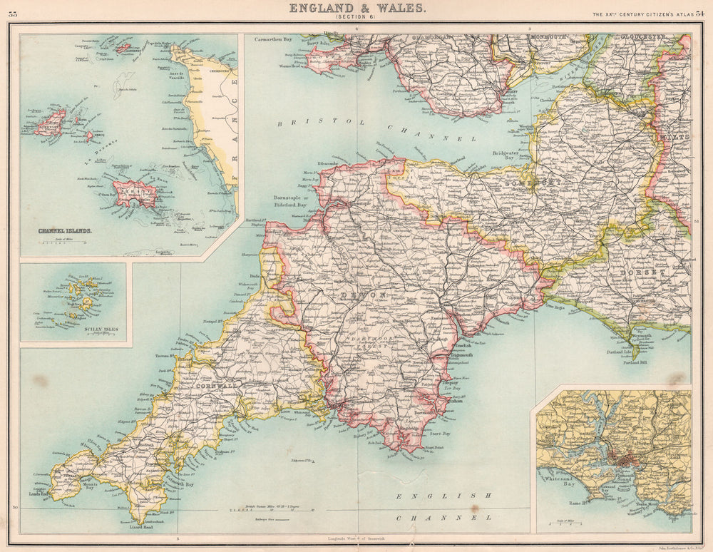 SOUTH WEST ENGLAND.Devon Cornwall Somerset Dorset.Channel Is.Plymouth 1901 map